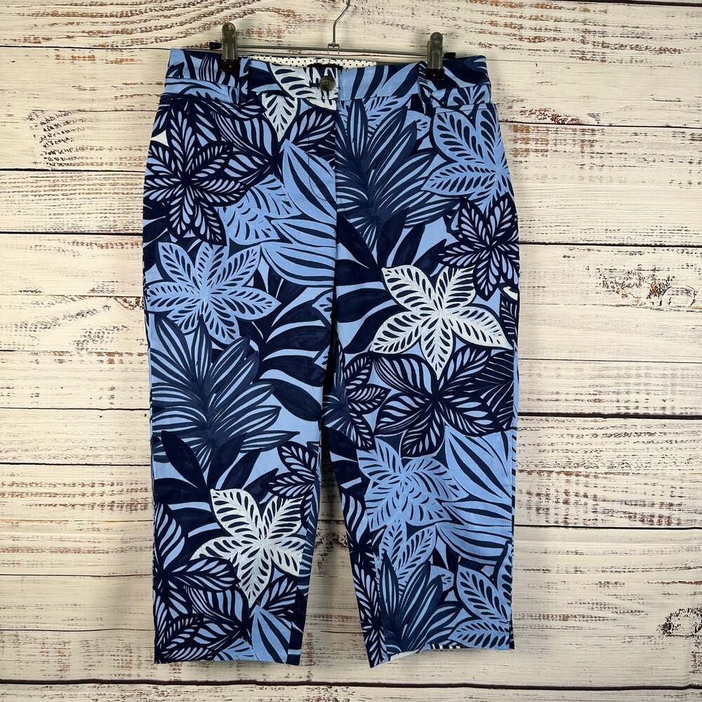 NWT Talbots Slim Leg Perfect Skimmer Blue Tropical Floral Capri Pants Womens 4P